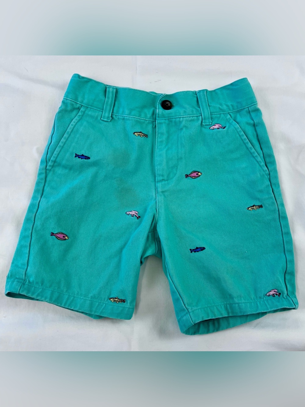 Janie and Jack Boys Size 6 Green Embroidered Nautical Shorts Fish Button Zip